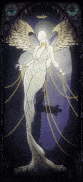 a painting of a woman with wings and chains