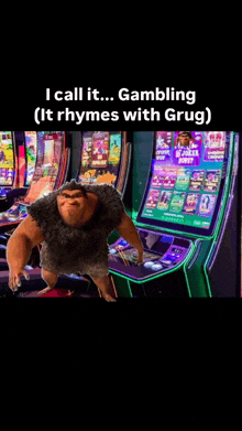 a cartoon character is standing in front of a slot machine that says gambling on it