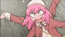a girl with pink hair and a white hat making a funny face