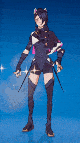 a girl with a cat ear on her head is holding a pair of scissors
