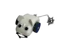 a white toy mouse with a blue wheel and a silver ball attached to it