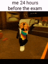 a person is holding a croissant in a video game while walking in a room .