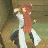 a cartoon character with long red hair and a sword