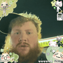 a man with a beard is surrounded by cartoon cats and a picmix logo