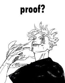 a black and white drawing of a man with the words proof written above him