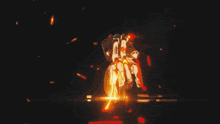 a man is holding a sword in front of a fire background
