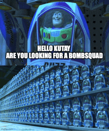 buzz lightyear is standing in front of a row of buzz lightyear cans