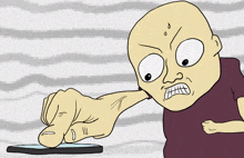 a cartoon drawing of an angry bald man pointing at a phone