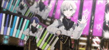 a group of anime characters are playing a piano on a stage .