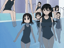 a group of anime girls in black swimsuits are standing in a pool