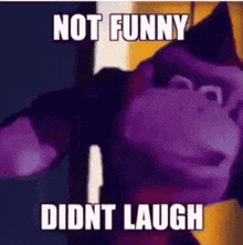 a purple monkey with the words `` not funny didnt laugh '' written on it
