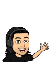 a cartoon man wearing headphones and a black shirt is waving .