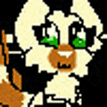 a pixel art of a dog with green eyes and a black background .
