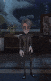 a cartoon character wearing a mask and glasses stands in front of a fish tank