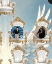 a man in a black shirt is sitting in a chair with a picture of him in a circle
