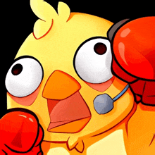 a cartoon chicken wearing red boxing gloves and a microphone