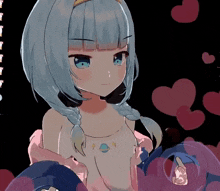 a girl with a braided hair and blue eyes is surrounded by hearts