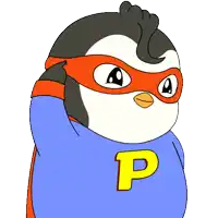 a cartoon penguin wearing a cape and mask with the letter p on it