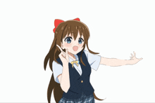 a girl with long brown hair and blue eyes is wearing a school uniform and a bow tie
