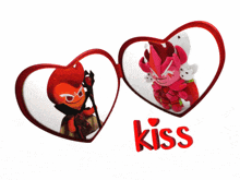 a couple of hearts with the word kiss in red