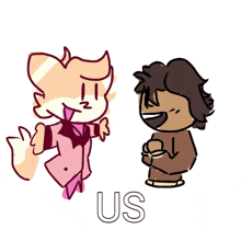 two cartoon characters are standing next to each other and the word us is on the bottom right