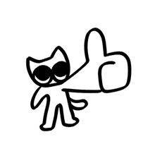 a black and white drawing of a cat with a thumbs up sign .