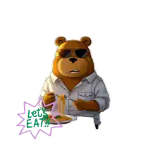 a cartoon bear wearing sunglasses and a shirt says let 's eat !