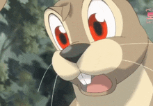 a close up of a cartoon bunny with red eyes