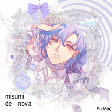 a picture of a boy with blue hair and the name misumi de nova on the bottom