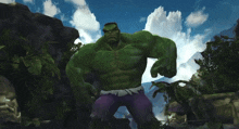 a green hulk with purple shorts is standing in front of a cloudy sky