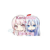 a picture of two anime girls with kanamizu is thinking written on it