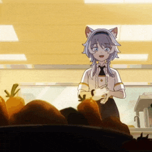 a girl with a cat ear is standing in front of a bunch of carrots
