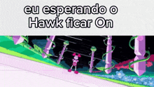 a cartoon character is standing on a road with the words eu esperando o hawk ficar on