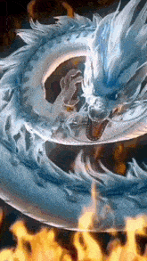a painting of a dragon surrounded by flames and water