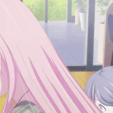 a girl with long pink hair is standing next to a boy with purple hair