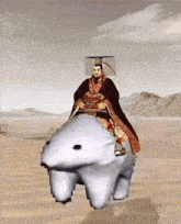 a man in a costume is riding a polar bear in the desert .