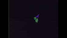 a cartoon character wearing a purple hat is standing in the dark .