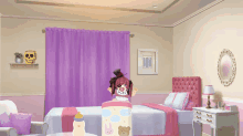 a girl in a diaper sits on a bed in a bedroom