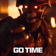 a picture of a skeleton holding a gun with the words go time written below it