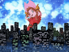 a cartoon character is flying over a city