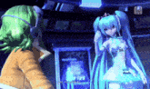 a screenshot of a video game shows a girl with green hair and a blue dress