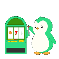 a cartoon penguin is standing next to a slot machine