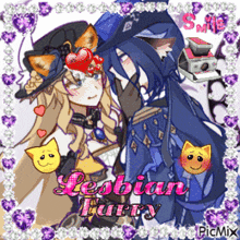a picture of two girls with the words lesbian furry written on it