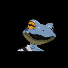 a blue frog with yellow eyes and a white shirt on a black background
