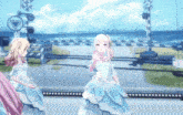 a girl in a blue dress stands next to another girl
