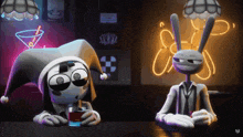 a couple of cartoon characters sitting at a table with a martini glass in the background