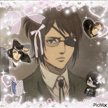 a picture of a girl with glasses and an eye patch is surrounded by hearts and sparkles and says picmix