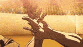 a cartoon drawing of two hands reaching out towards each other with a crowd watching