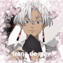 a drawing of a boy with white hair holding a fan with the words izana de mav written below him