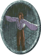 a person in a purple shirt is standing in the rain .